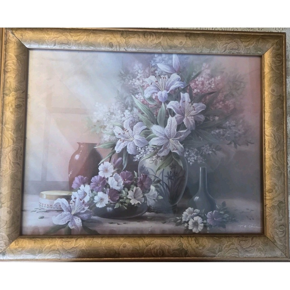 Vintage T.C. Chiu Framed Floral Still Life Print | Elegant Gilt Frame Art serene